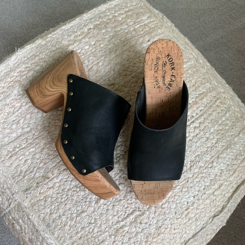 Kork-Ease Black Leather Mules with Wooden Heel